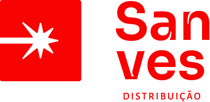 Logotipo Sanves Distribuição com ícone vermelho em fundo preto