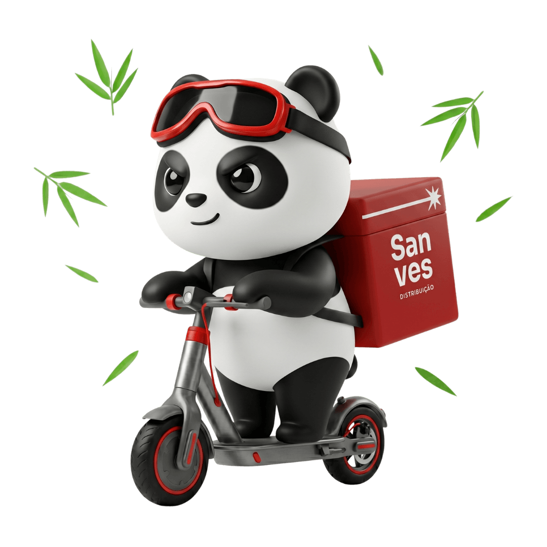 Mascote Sanves Distribuição em scooter com mochila de entrega